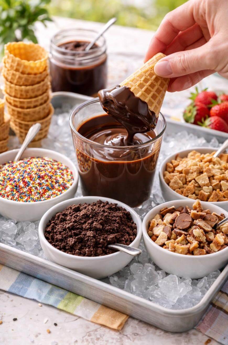 A hand dips an ice cream cone into a glass of melted chocolate. Nearby are bowls of colorful sprinkles, crushed cookies, and chopped nuts on a tray with ice, along with stacked waffle cones and a jar of chocolate sauce.