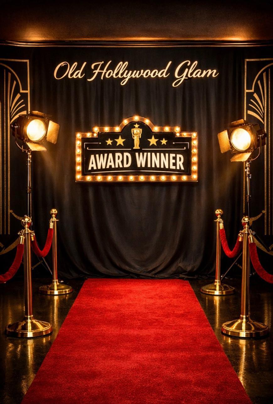 A red carpet leads to a black backdrop with the words Old Hollywood Glam and a lit sign reading Award Winner, flanked by gold stanchions, velvet ropes, and vintage spotlights.