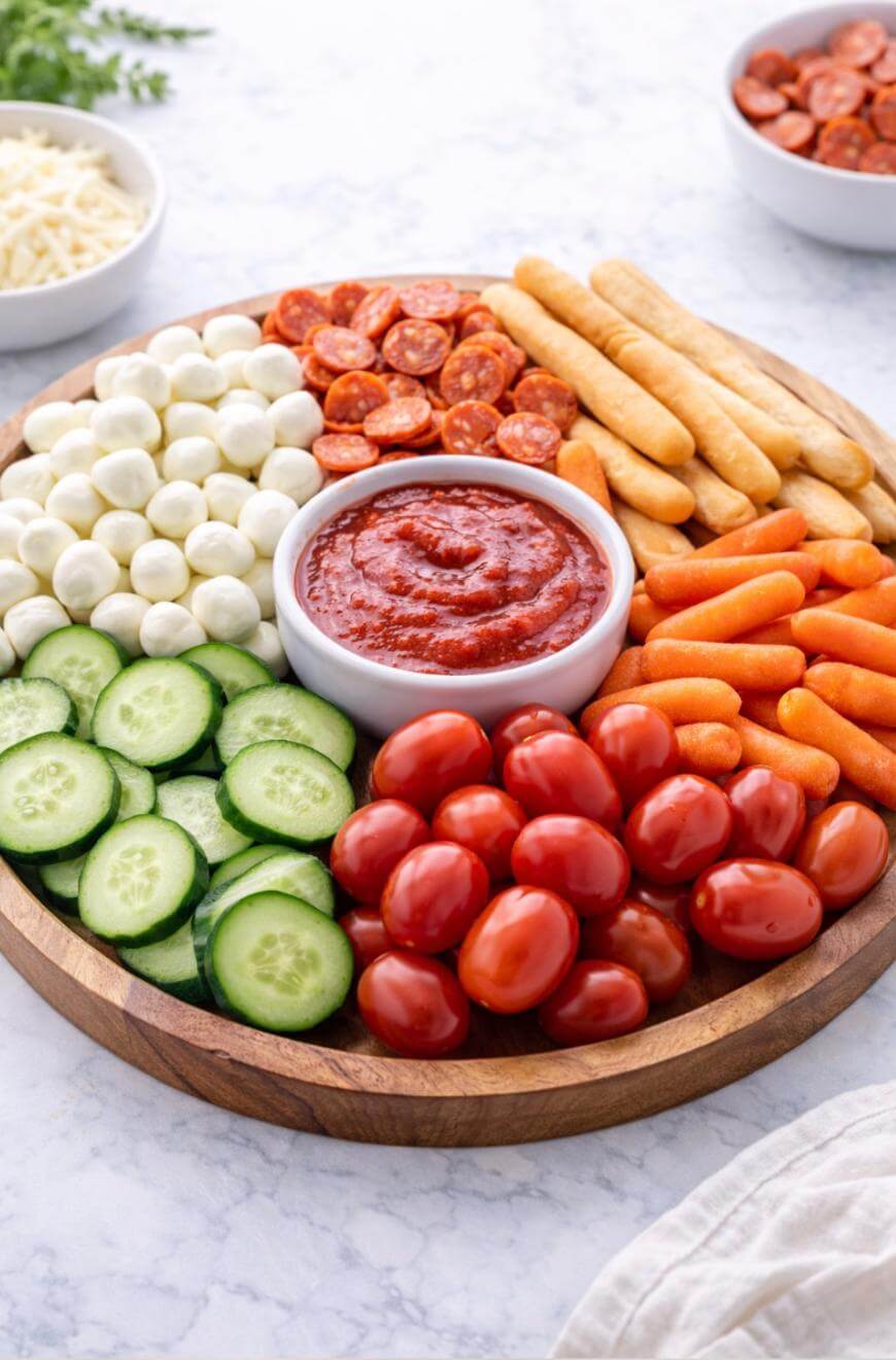 A wooden platter with sliced cucumbers, cherry tomatoes, baby carrots, breadsticks, pepperoni, mozzarella balls, and a bowl of marinara sauce in the center. Extra bowls of cheese and pepperoni are in the background.
