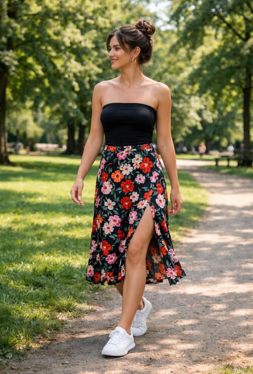 A woman walks on a path in a sunny park, wearing a black strapless top, a floral skirt with a slit, and white sneakers. She is smiling and looking to the side, surrounded by green trees and grass.