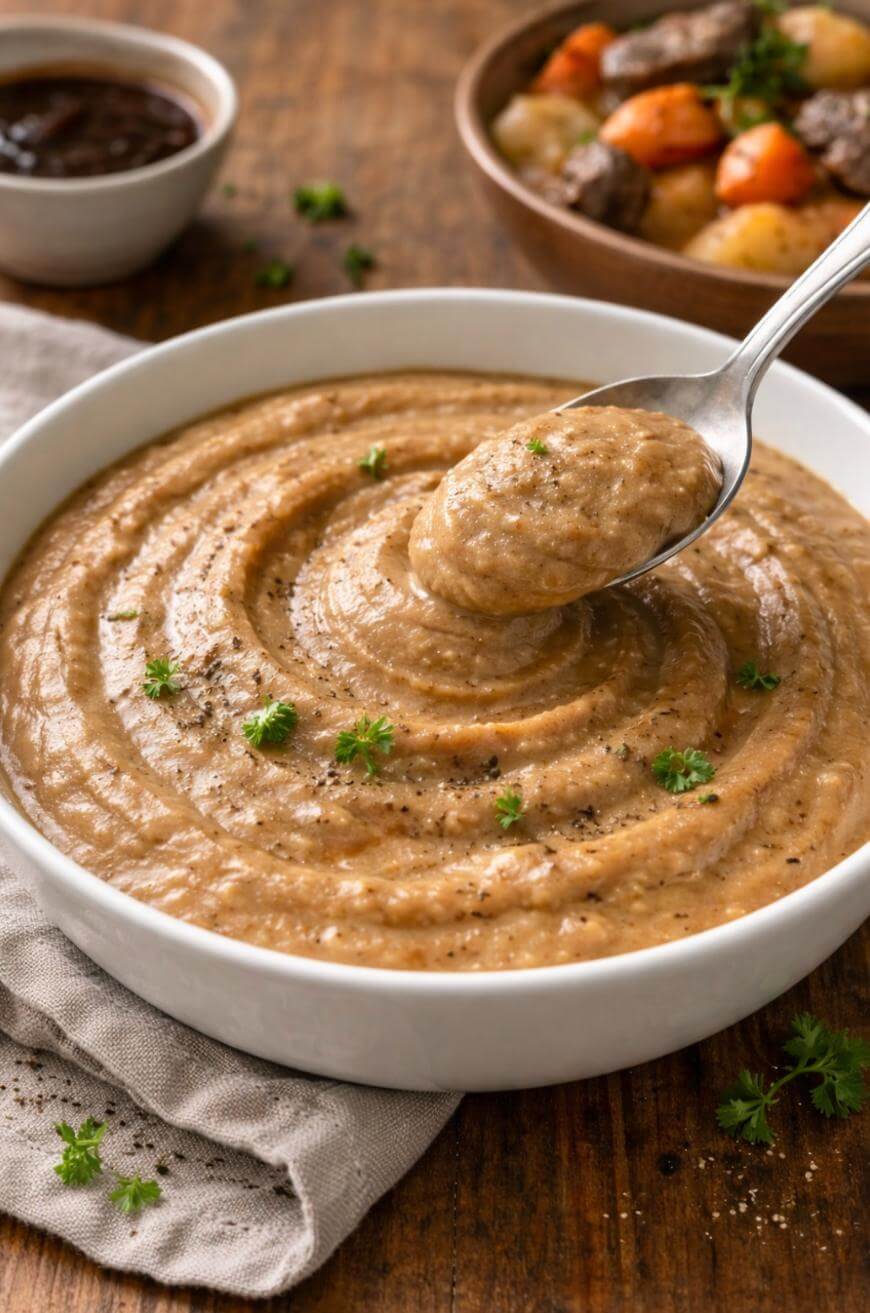 A bowl of creamy brown mashed potatoes garnished with fresh herbs, with a spoon scooping some out. In the background, there is a bowl of stew with vegetables and beef, and a small dish of sauce.