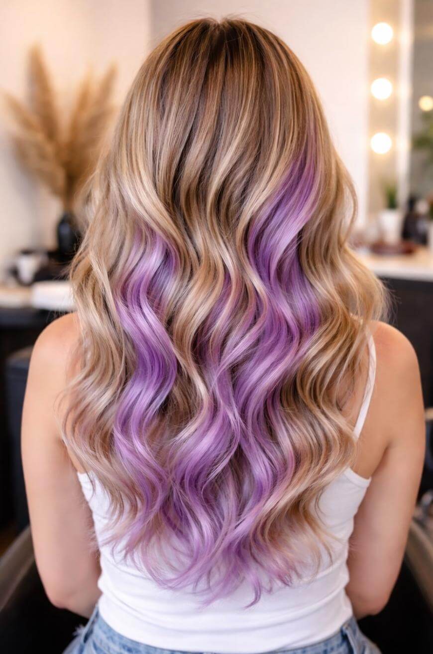 A person with long, wavy blonde hair featuring pastel purple highlights, wearing a white tank top, sits in a modern, well-lit salon.