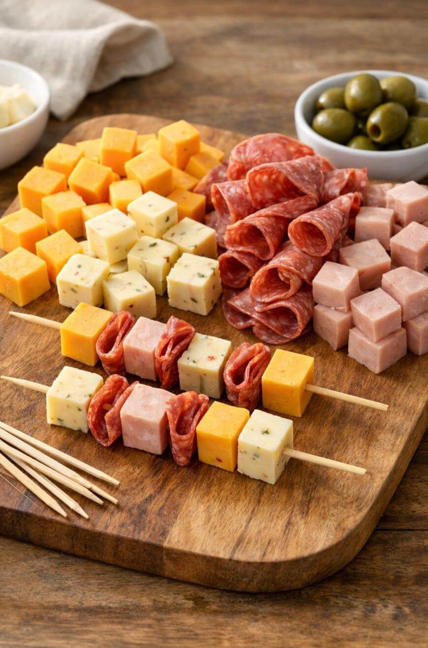 A wooden board with cubes of cheddar, pepper jack, and ham, slices of salami, two assembled skewers with cheese, ham, and salami, a small bowl of green olives, and wooden skewers on the side.