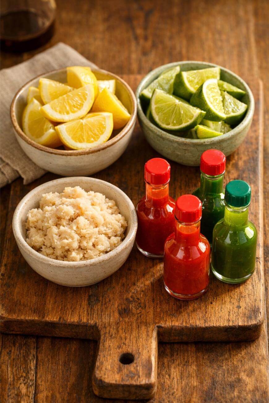 Bowls of lemon wedges, lime wedges, and grated horseradish are arranged on a wooden board beside small bottles of red and green hot sauce.