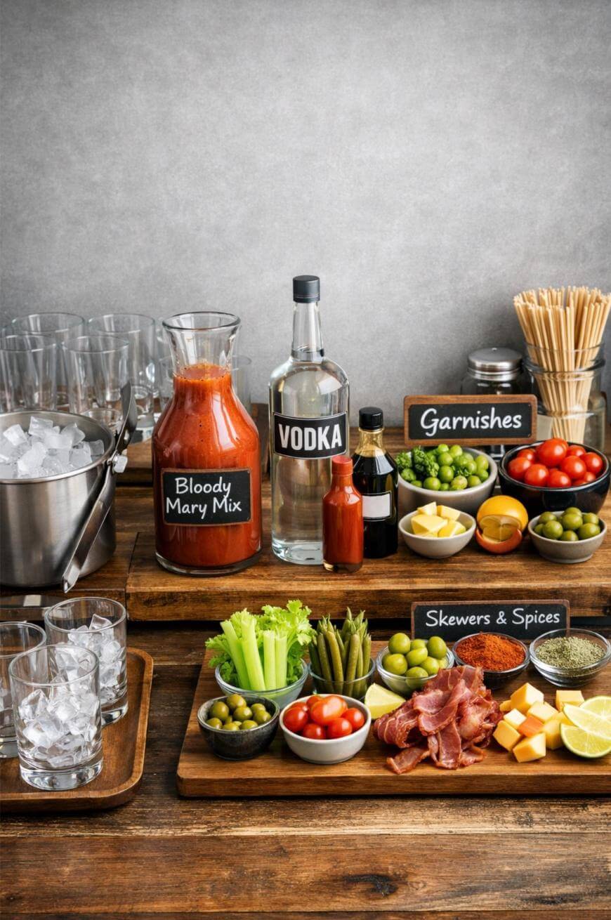 A Bloody Mary bar with vodka, Bloody Mary mix, hot sauce, garnishes like olives, celery, tomatoes, bacon, cheese cubes, and various spices, plus ice, glasses, skewers, and lemon wedges on a wooden counter.