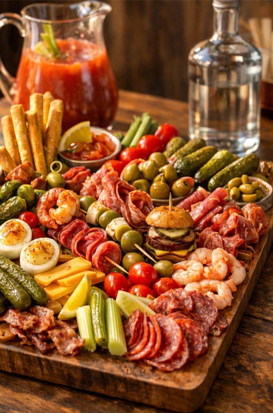 A wooden board filled with assorted cured meats, cheeses, boiled eggs, shrimp, pickles, olives, celery, cherry tomatoes, and breadsticks. In the background are a glass pitcher of red drink and a water bottle.