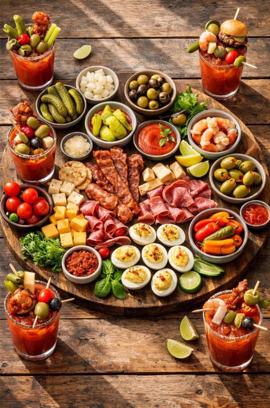 A wooden table with a round charcuterie board featuring meats, cheeses, olives, deviled eggs, pickles, vegetables, shrimp, dips, and four Bloody Mary cocktails garnished with skewered snacks. Lime wedges are scattered around.