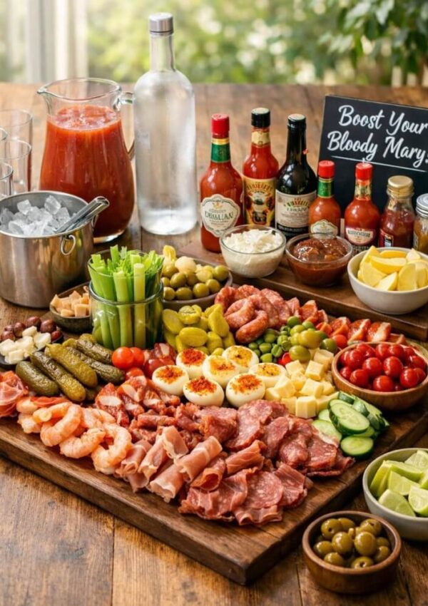 A wooden table with a charcuterie board of meats, shrimp, deviled eggs, cheeses, vegetables, olives, pickles, and fruit. Surrounding items include Bloody Mary mixers, hot sauces, a pitcher, glasses, and a sign reading Boost Your Bloody Mary!.
