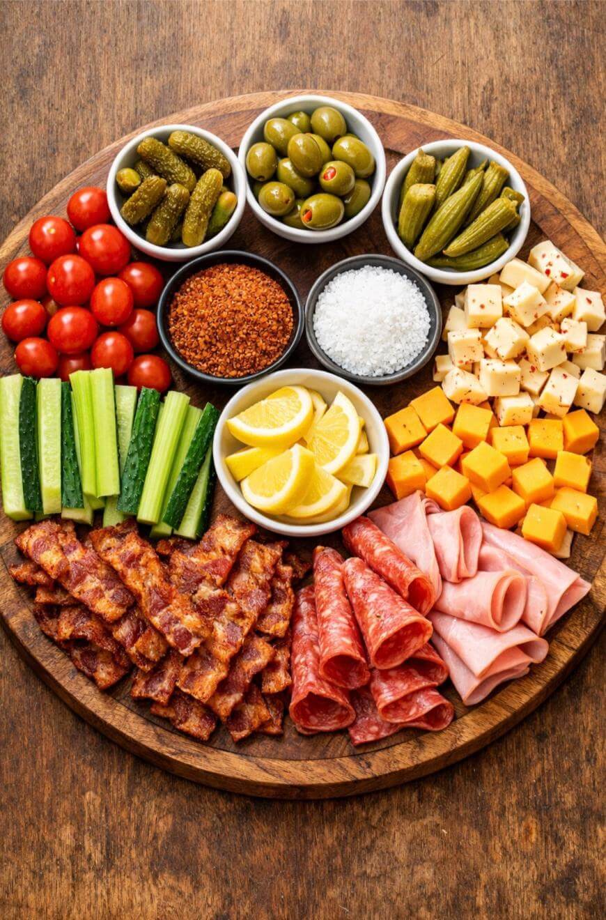 A round wooden platter topped with rolled meats, bacon, cubed cheese, cucumber sticks, grape tomatoes, pickles, olives, lemon wedges, and small bowls of salt and seasonings.