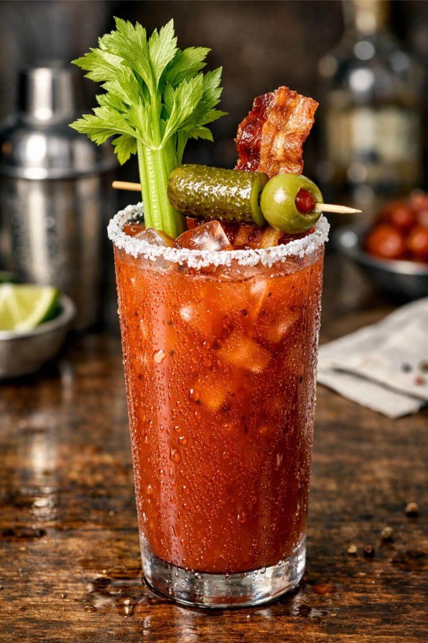 A Bloody Mary cocktail in a glass with a salted rim, garnished with celery, bacon, a pickle, and an olive on a skewer, on a rustic wooden surface. Cocktail shaker and lime wedges are in the background.