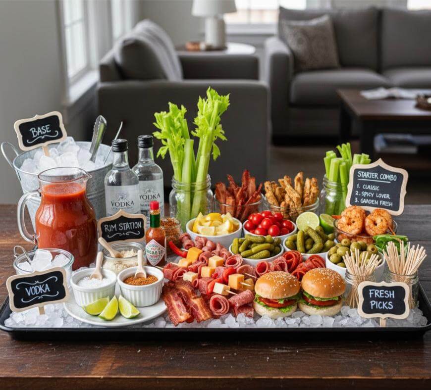 A Bloody Mary bar with vodka bottles, mixers, bacon, shrimp, celery, pickles, cherry tomatoes, cheese, mini burgers, lime wedges, and sauces, set on a tray with ice in a cozy living room.
