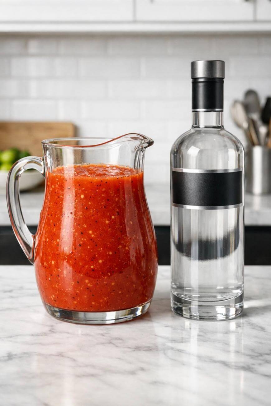 A clear glass pitcher filled with red Bloody Mary mix sits next to a bottle of vodka on a white marble kitchen counter, with a modern kitchen background.