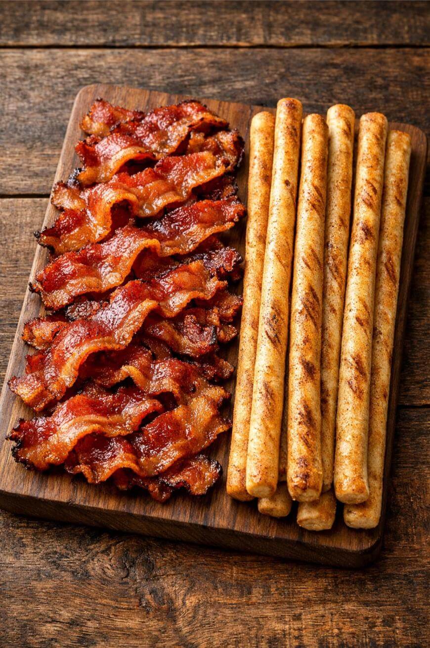 A wooden board with crispy cooked bacon strips on the left and a row of golden-brown breadsticks on the right, all placed on a rustic wooden surface.