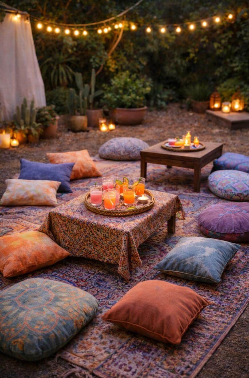 A cozy outdoor seating area with colorful cushions on patterned rugs, a low table with drinks, and string lights overhead. Candles and plants add to the warm, inviting atmosphere in the evening.