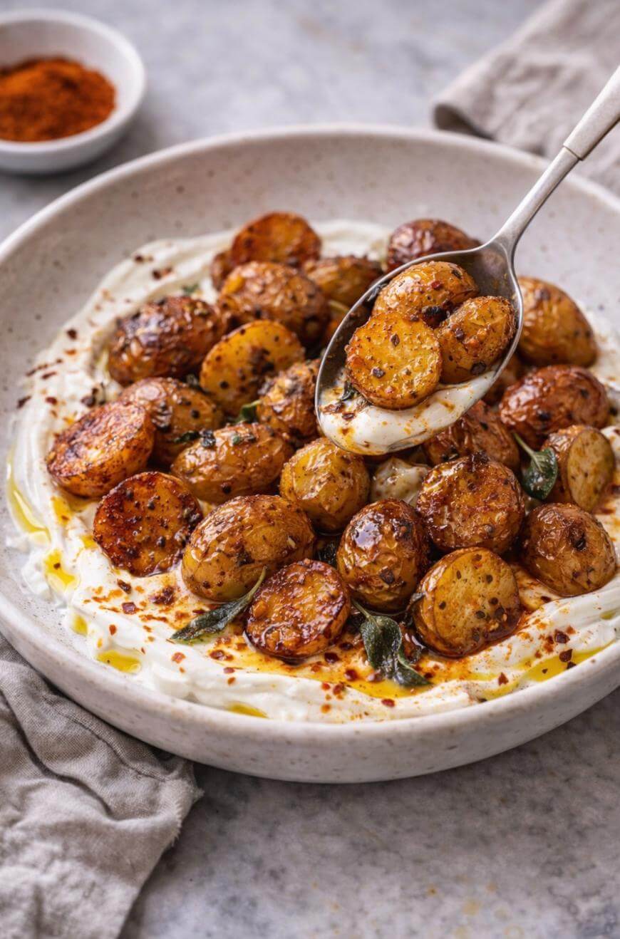 A bowl of roasted baby potatoes with herbs is served on a layer of creamy yogurt, topped with spices and oil. A spoon is lifting some potatoes from the dish, and a napkin and a small bowl of spices are nearby.