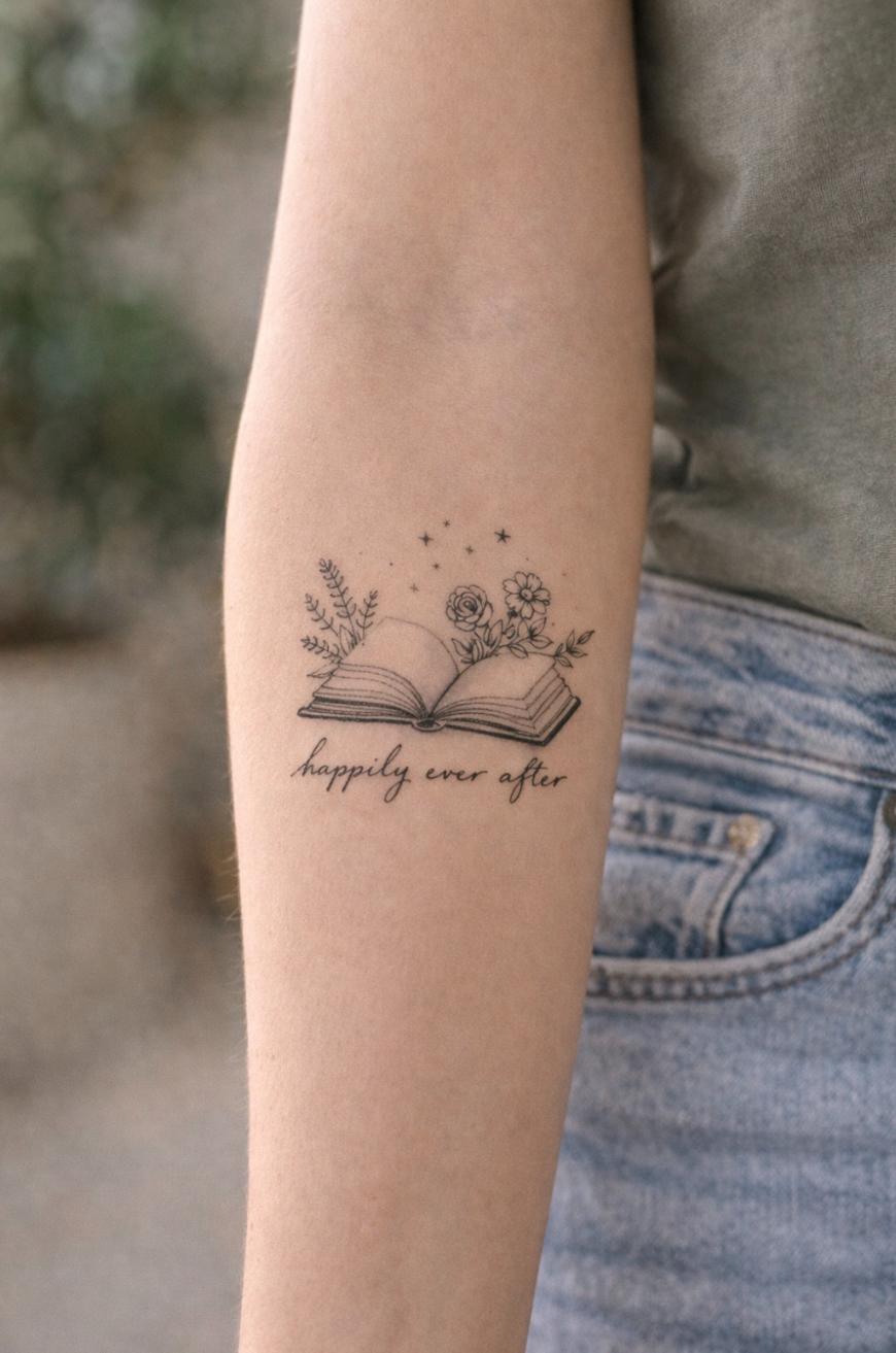 A tattoo on a persons forearm shows an open book with flowers, leaves, and stars above it. Below the book, the phrase happily ever after is written in cursive.