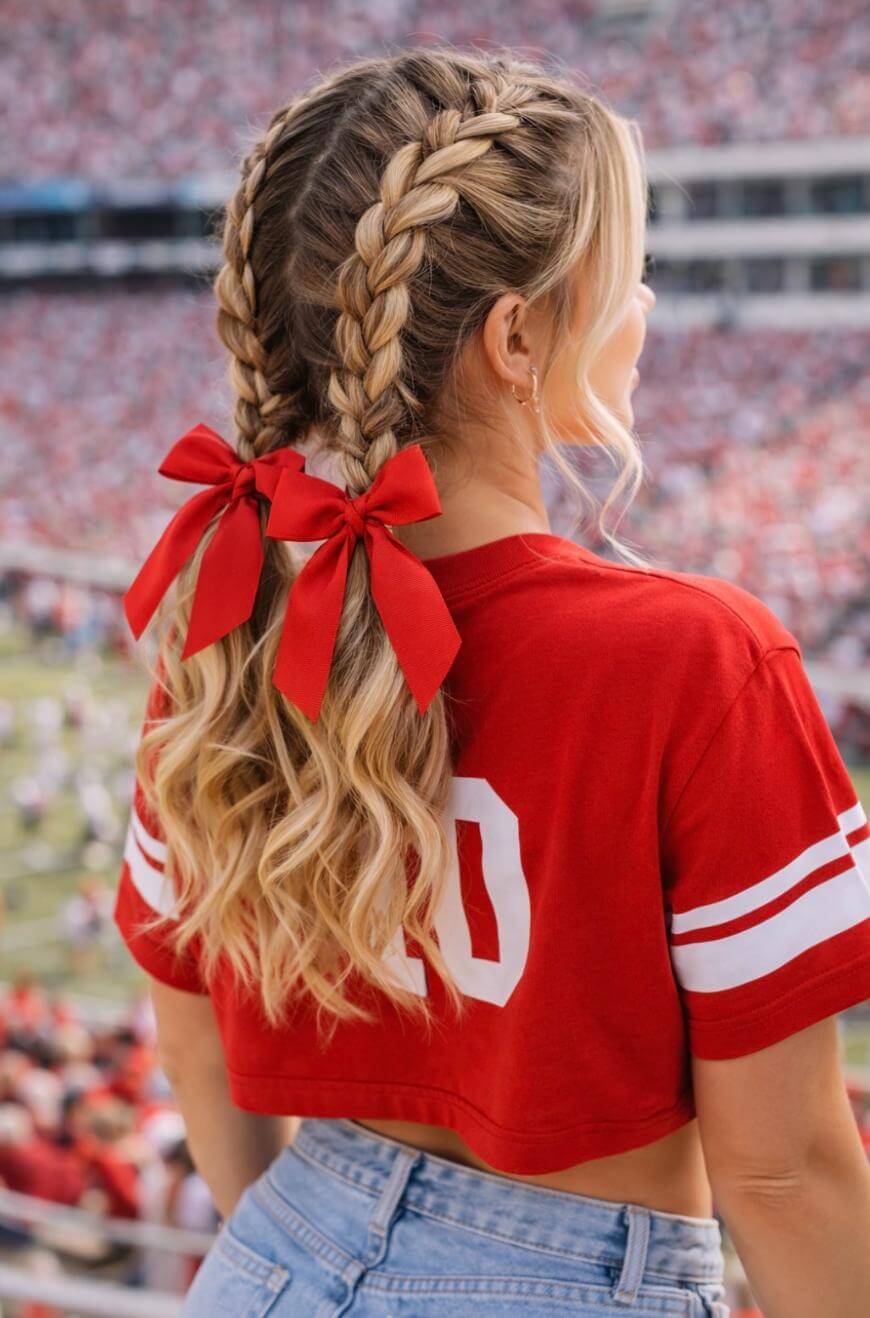 A woman with wavy blonde hair in two braided pigtails tied with red bows wears a red cropped jersey and denim shorts, standing in a stadium full of people.
