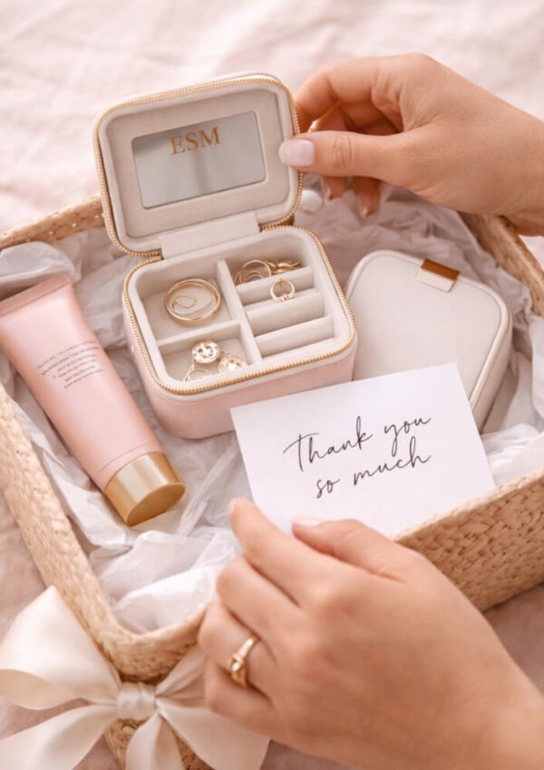 A hand opens a woven gift box containing a pink tube, a small jewelry case with gold jewelry, and a card that reads Thank you so much. The box is lined with tissue paper and tied with a white ribbon.