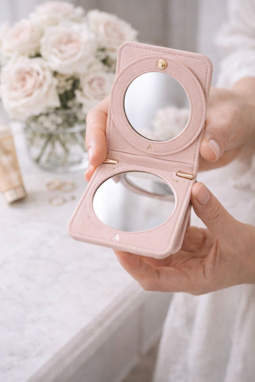 A person holds an open pink compact mirror over a white marble surface, with a vase of white roses, gold rings, and a tube of cosmetics in the blurry background.