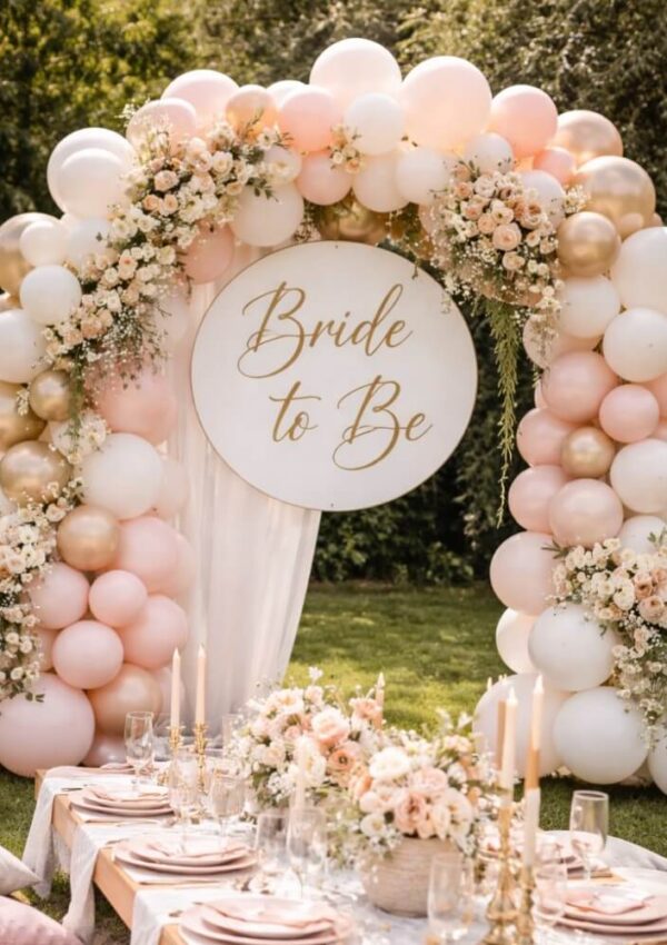 A decorative outdoor bridal shower setup features a balloon arch in white, blush, and gold with flowers and a sign that reads “Bride to Be.” Below is an elegantly set table with pink and white floral arrangements.