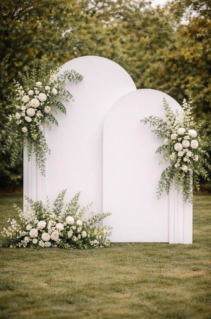 A modern outdoor wedding backdrop with two large white arch panels decorated with clusters of white flowers and greenery, set on a grassy lawn with trees in the background.