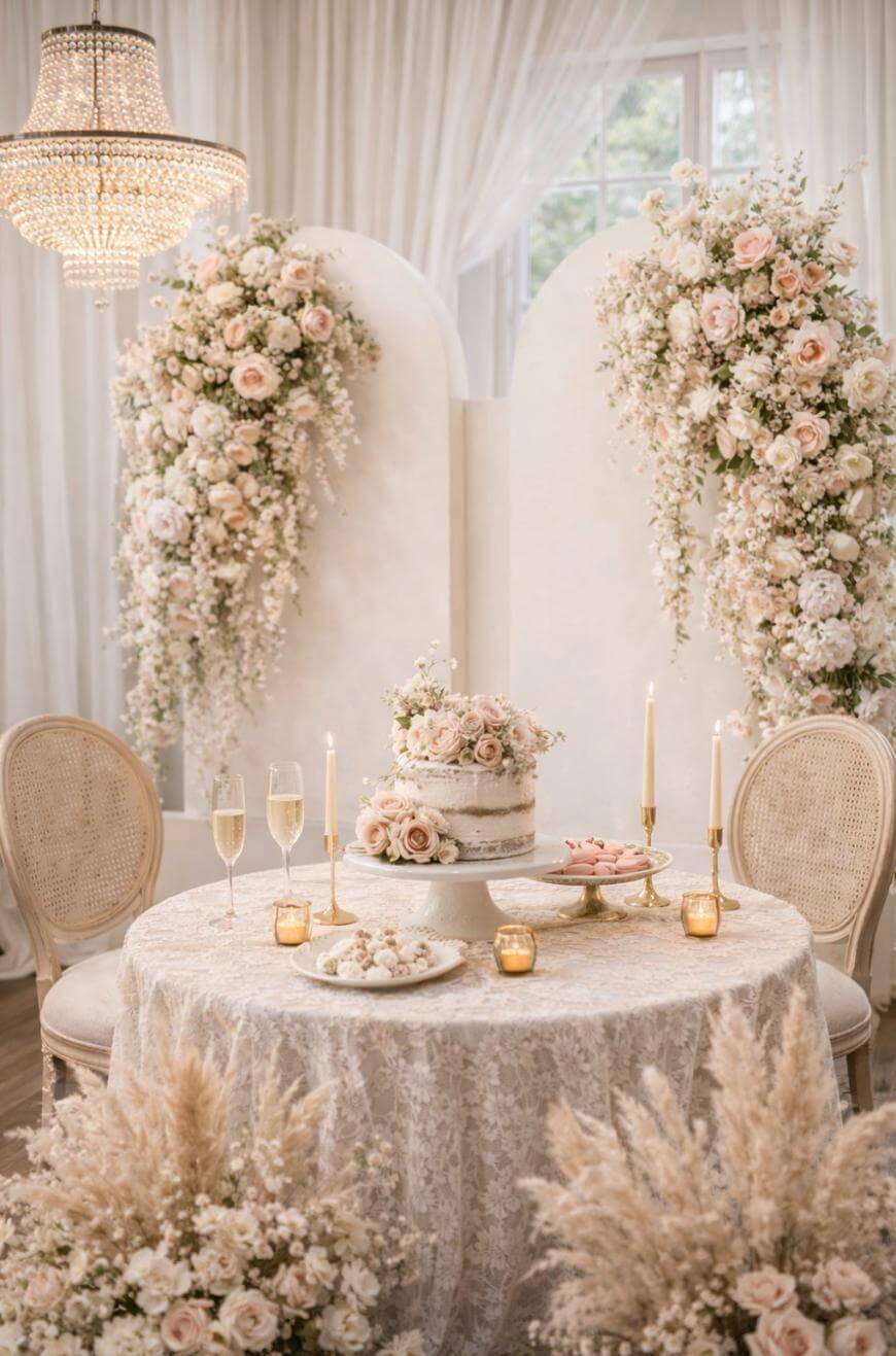 A round table with a white lace tablecloth holds a floral cake, candles, and champagne glasses. Elegant beige chairs and lush white and blush flower arrangements create a romantic, luxurious setting.
