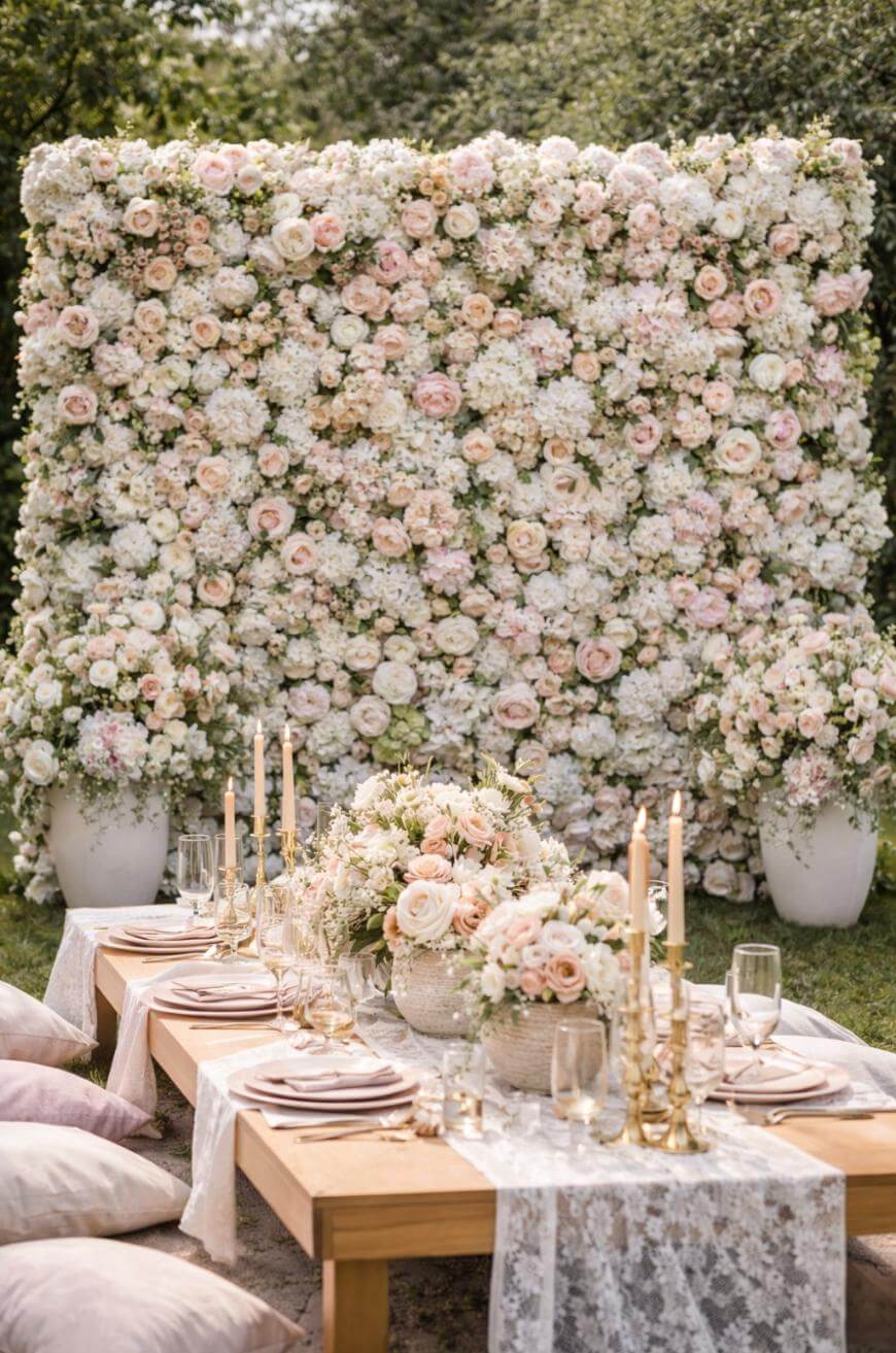 A lavish outdoor table setting features soft pink and white floral arrangements, tall candles, lace table runners, elegant dinnerware, and a large backdrop wall covered in pale roses and hydrangeas.