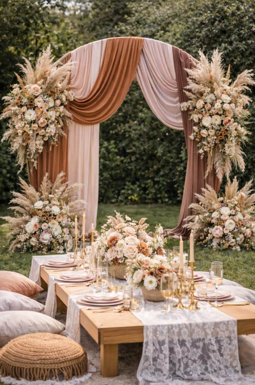 A low wooden table set for an outdoor event with floral arrangements, gold candlesticks, and lace runners, surrounded by floor cushions. Behind the table is a large arch draped with brown and blush fabric and adorned with flowers.