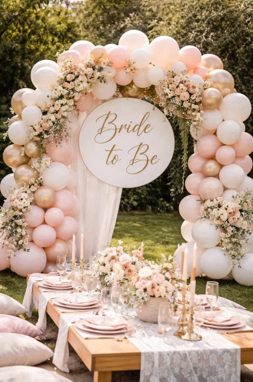 Outdoor bridal shower setup with a wooden table, lace runner, floral centerpieces, gold candlesticks, and elegant tableware. Behind is a balloon and flower arch with a sign that reads “Bride to Be.”.