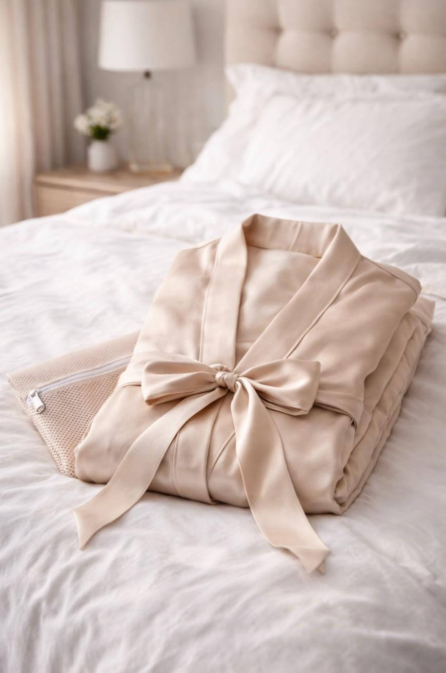 A folded beige robe on a bed.
