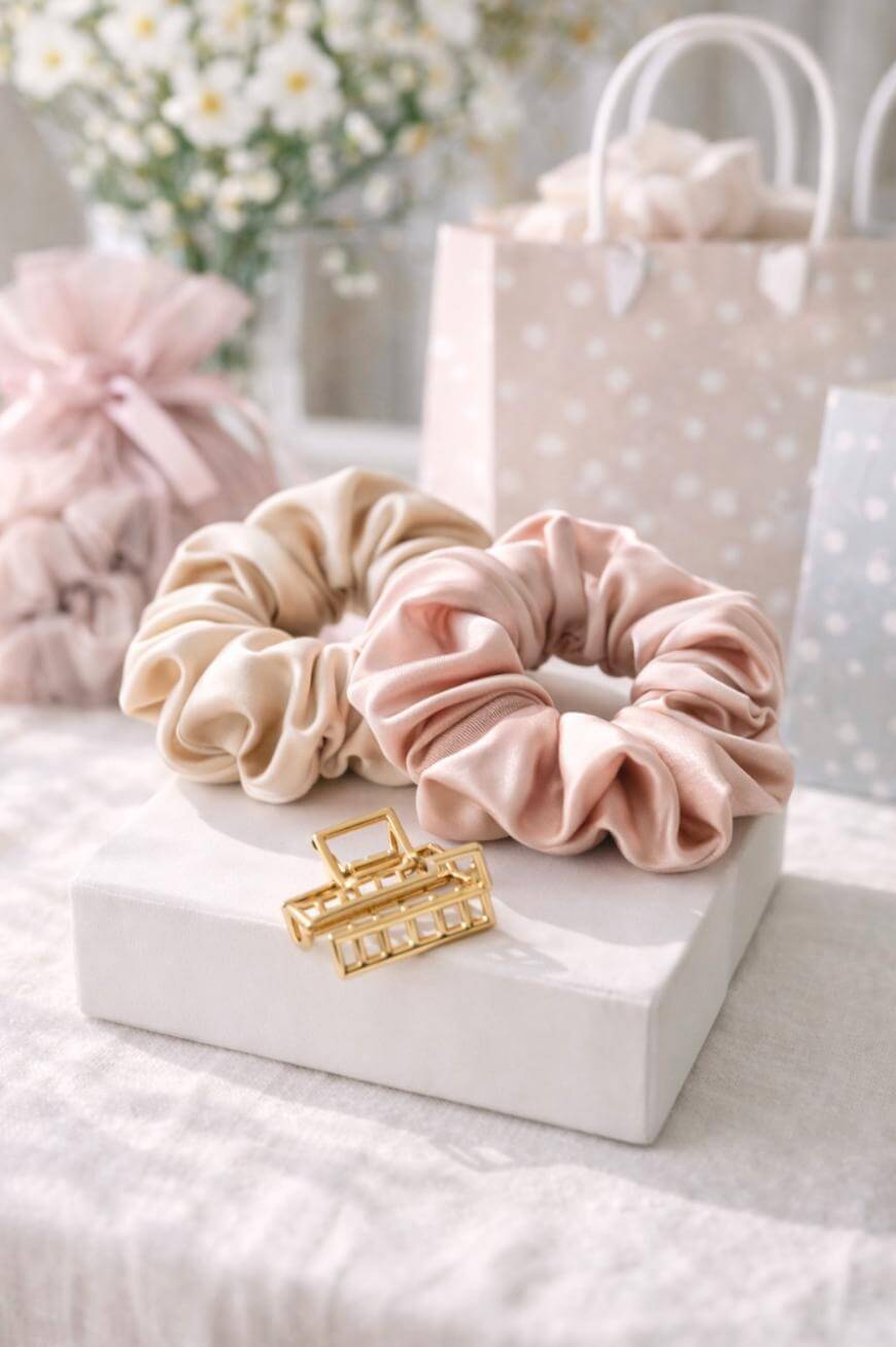 Two silky scrunchies, one beige and one blush pink, rest on a white box next to a gold hair clip. In the background, there are pastel gift bags and soft-focus flowers.