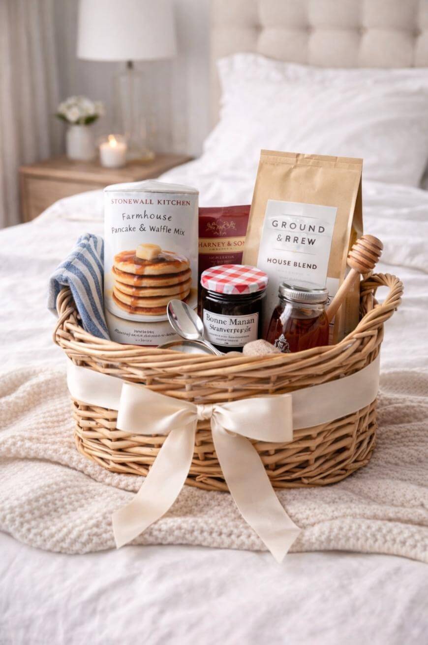 A wicker gift basket with a white ribbon contains pancake mix, coffee, honey, jam, a honey dipper, and a striped cloth, placed on a bed with a white knit blanket in a cozy bedroom setting.