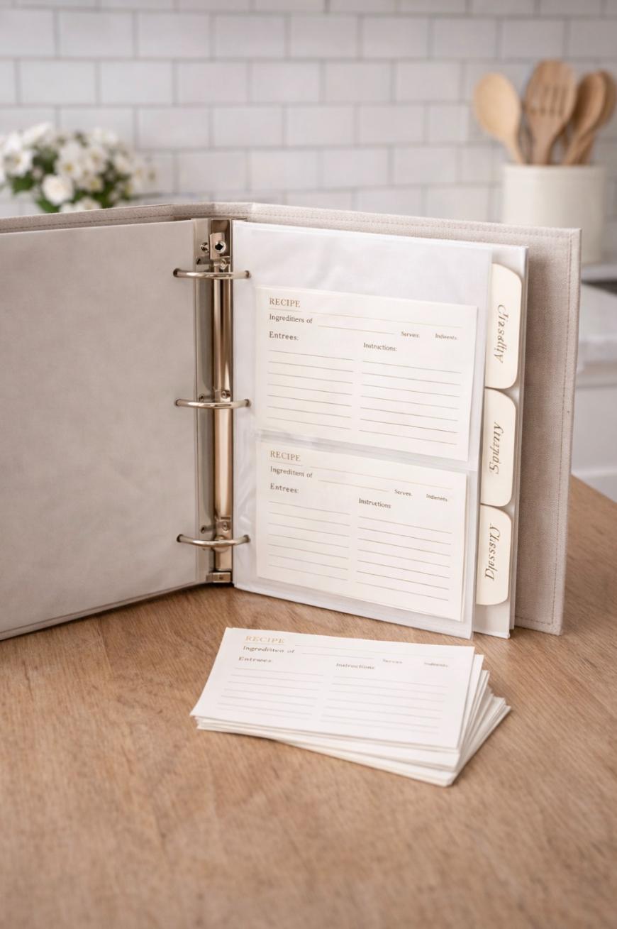 An open recipe binder on a wooden table, showing blank recipe cards inside and a stack of extra cards in front. Divider tabs read Family, Savory, and Dessert. The background features a tiled kitchen and utensils.