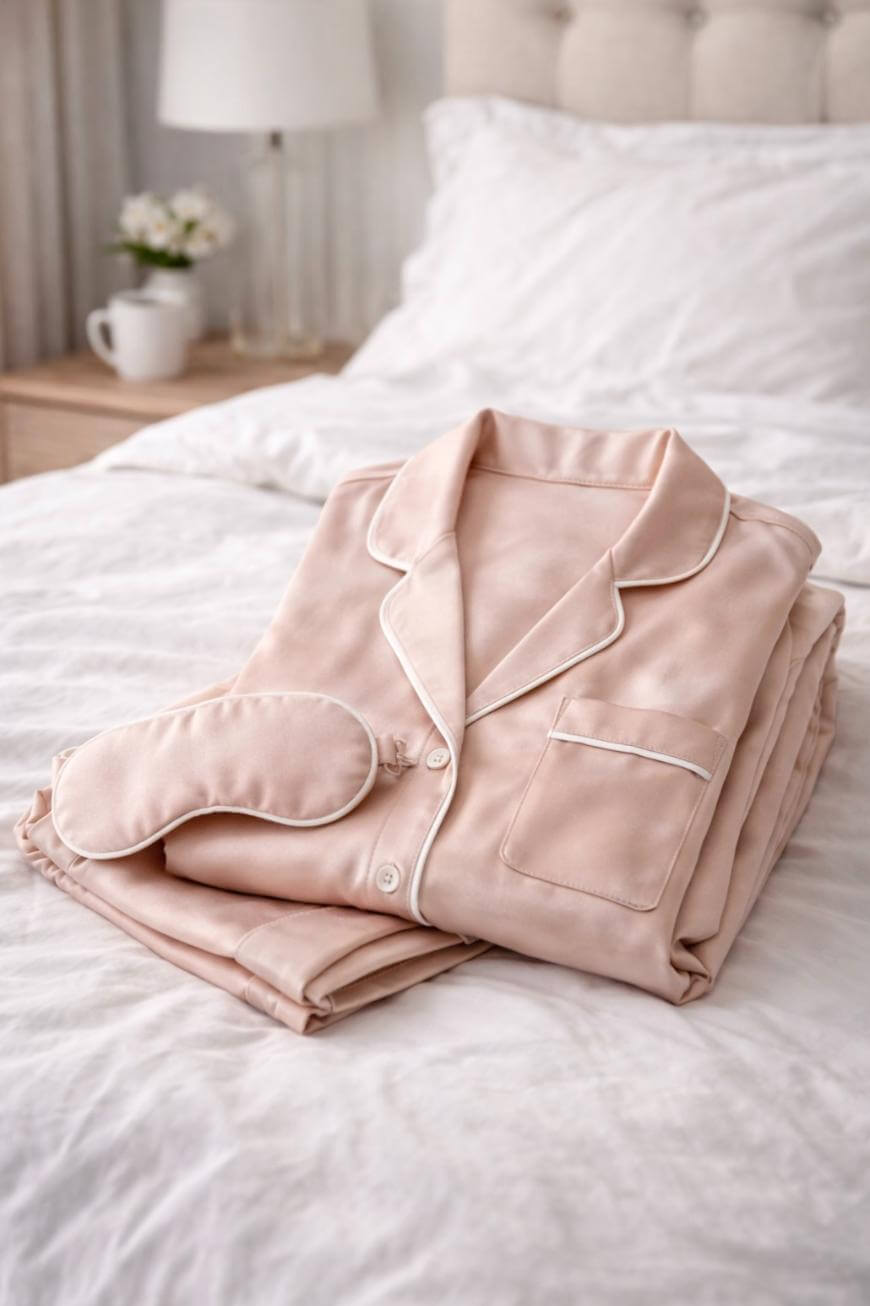 A folded pale pink satin pajama set with white piping and a matching sleep mask rests on a neatly made white bed, with a bedside table and a flower vase in the background.