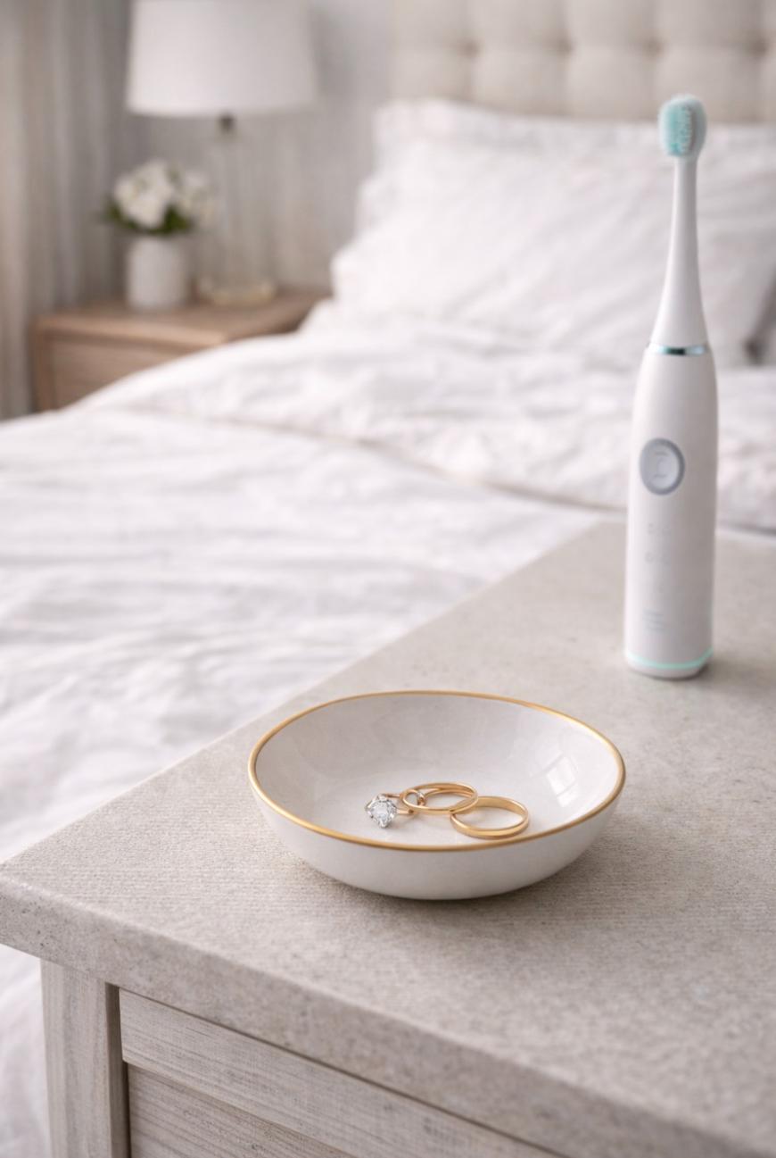A white ceramic dish with gold trim holds two gold rings on a bedside table. An electric toothbrush stands next to it, with a neatly made bed and a flower vase in the softly lit background.