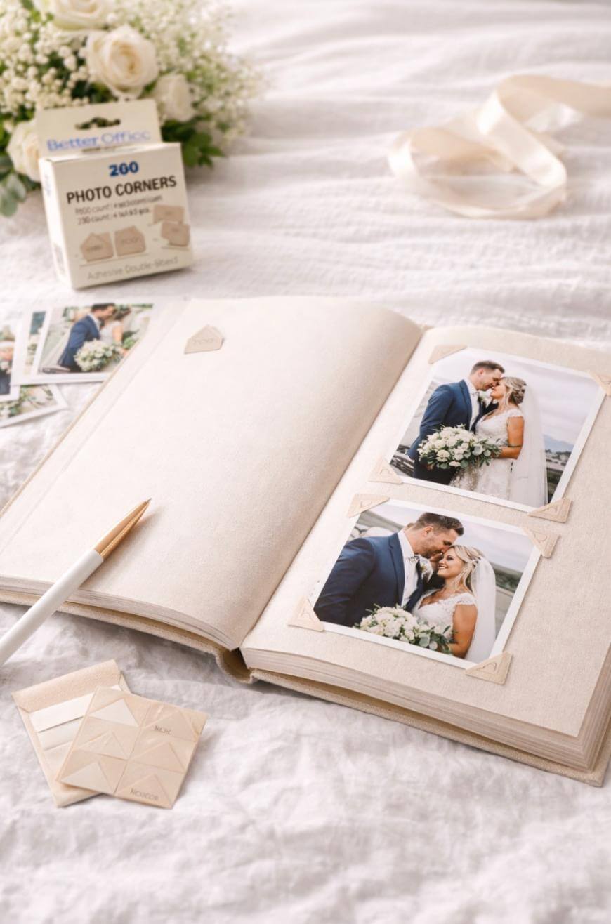 An open photo album on a bed displays two wedding photos of a couple. Nearby are a pen, adhesive photo corners, loose photos, and a bouquet of white flowers. The scene suggests scrapbooking or memory keeping.