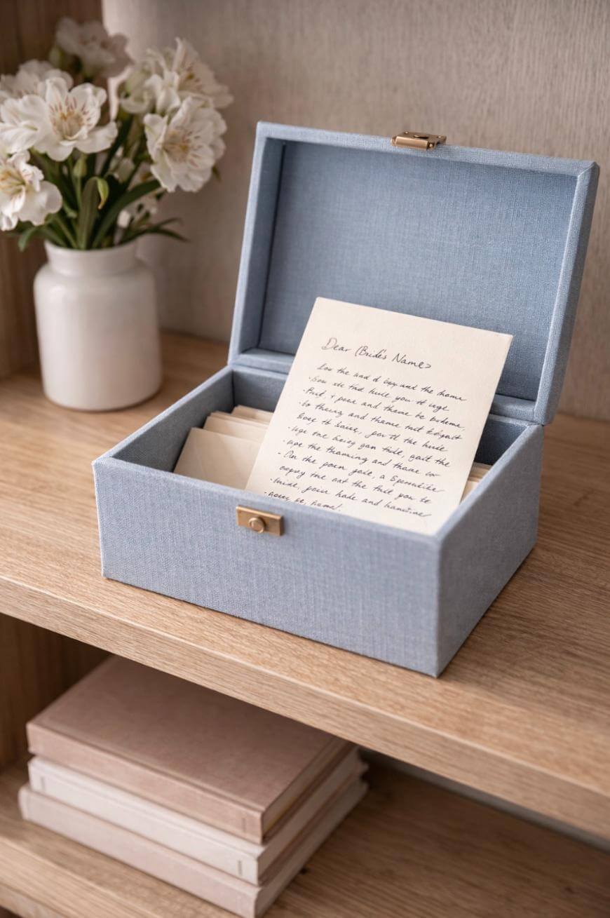 A light blue fabric box sits open on a wooden shelf, revealing handwritten letters inside. A note is propped up on top. A white vase with white flowers is placed nearby, and books are stacked on the lower shelf.