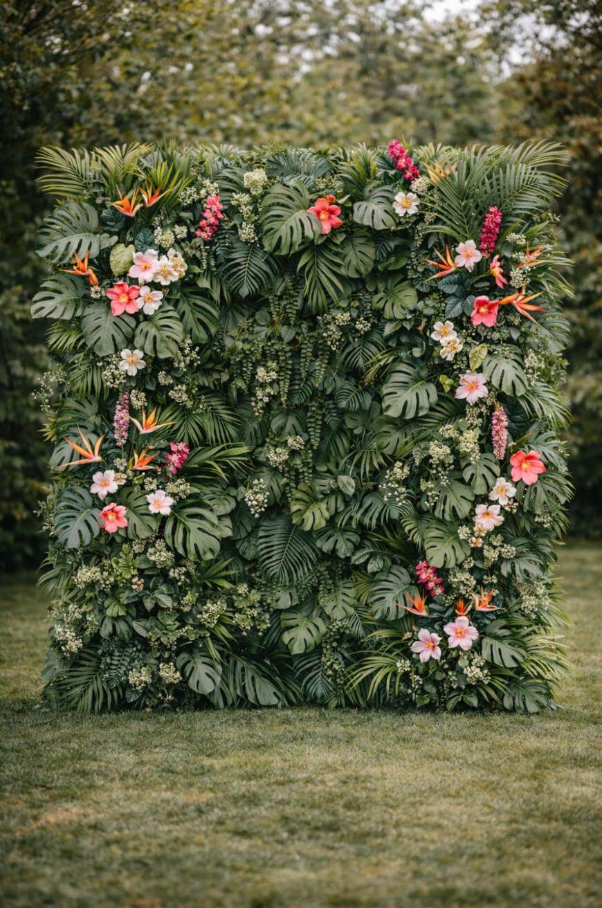 A lush green wall made of various tropical leaves and colorful flowers, standing outdoors on grass with trees in the background.