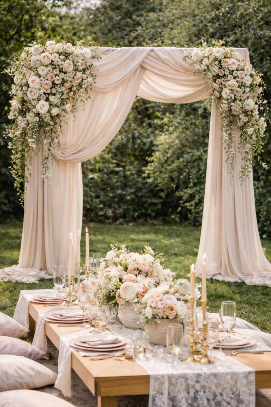 An outdoor wedding setup with a wooden arch draped in ivory fabric and decorated with white and blush flowers. In front, a low table is set with candles, plates, and floral centerpieces, surrounded by cushions on the grass.