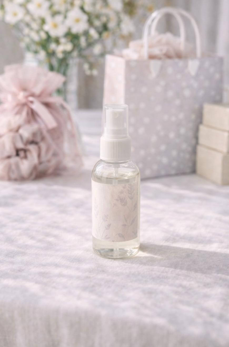 A clear spray bottle with a floral label sits on a light fabric surface, surrounded by pastel gift bags, boxes, and flowers in a soft, sunlit setting.