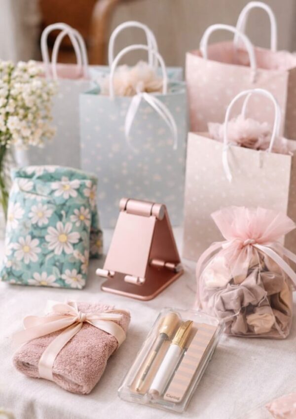 A display of pastel gift bags, a floral pouch, a pink phone stand, a ribbon-tied towel, lip products, and a pink organza bag with hair ties, arranged on a table with flowers in the background.