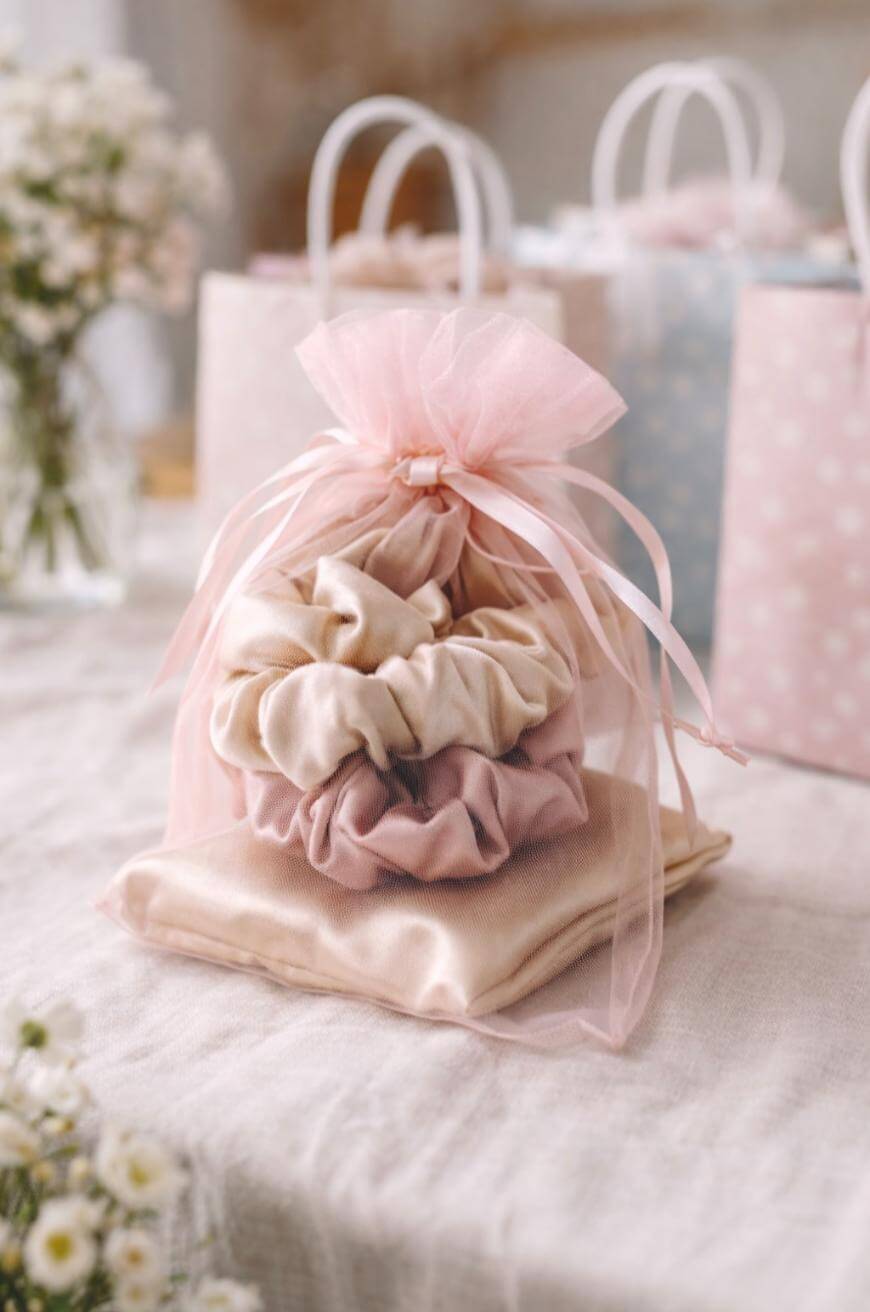 A sheer pink drawstring bag containing three pastel scrunchies rests on folded fabric. Blurred pastel gift bags and white flowers are visible in the background.