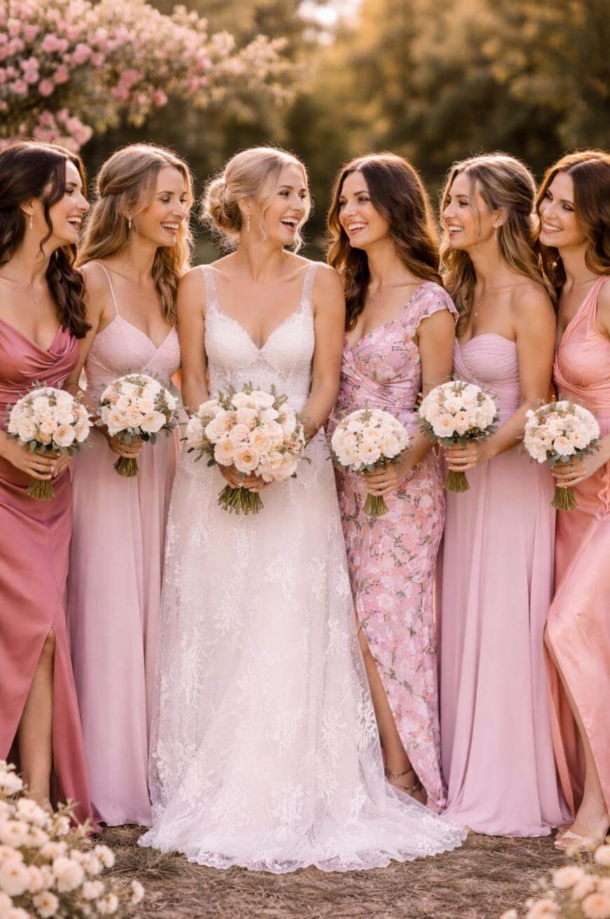 A bride in a white lace gown stands smiling among five bridesmaids in pink dresses, all holding bouquets of flowers, outdoors with blooming trees in the background.