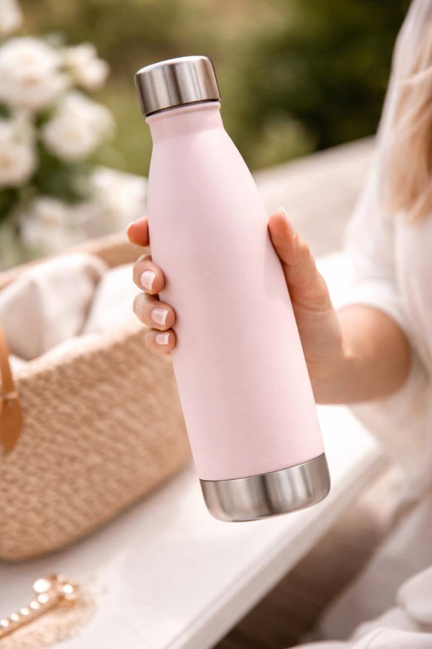 A person holding a light pink stainless steel water bottle with silver caps, sitting at a white table outdoors. A straw bag and blurred greenery are visible in the background.
