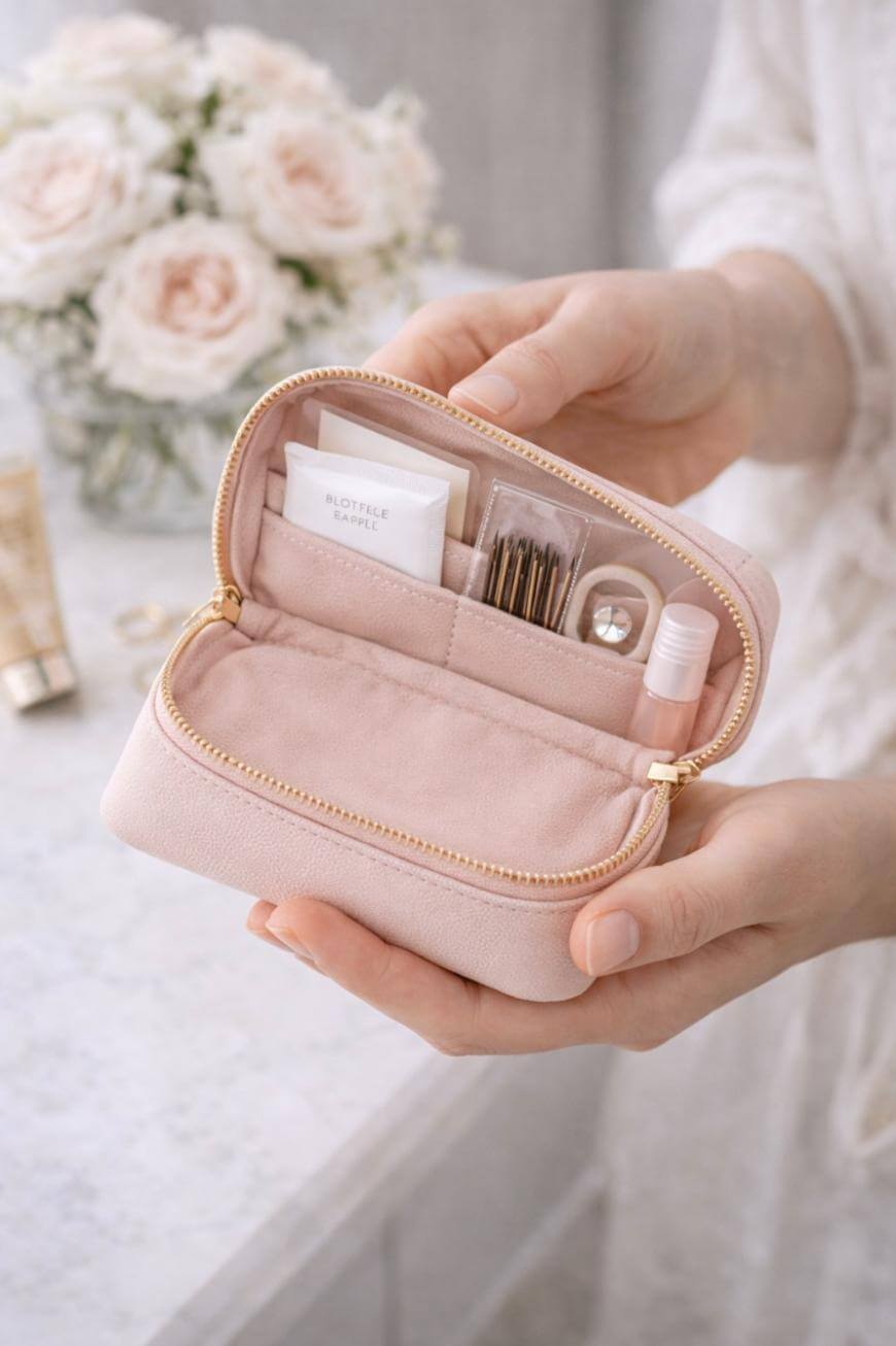A person holds an open blush pink zippered pouch containing beauty essentials like blotting paper, bobby pins, a small lip balm, and a vial, with soft pink roses in the background.