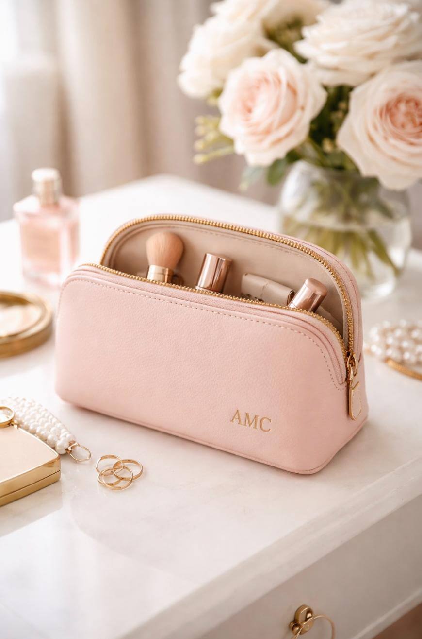 A blush pink makeup bag with gold zippers and AMC monogrammed on the front, filled with makeup brushes and products, sits on a white vanity next to jewelry, perfume, and a bouquet of light pink roses.