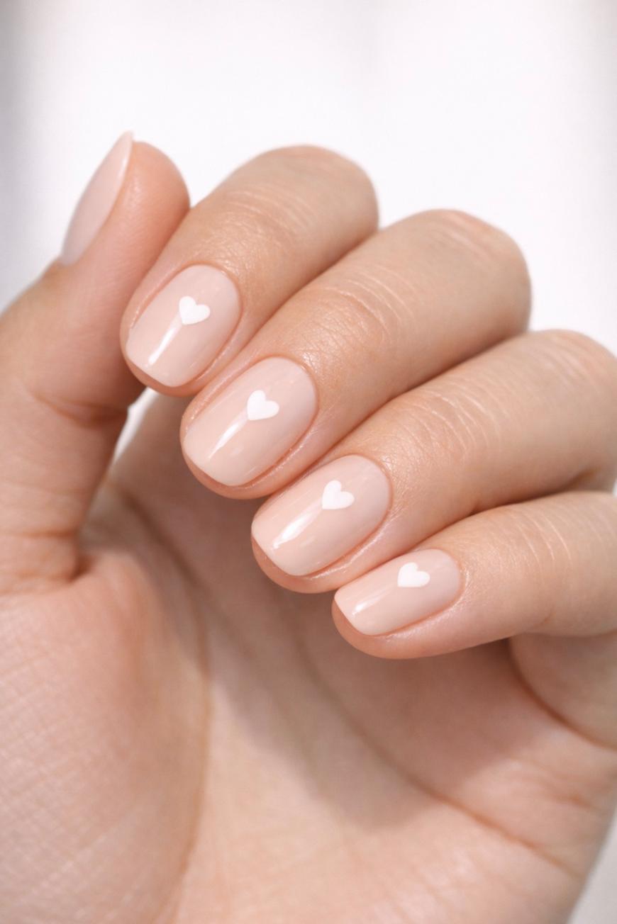 A close-up of a hand with light nude-colored nail polish, each fingernail decorated with a small white heart in the center.