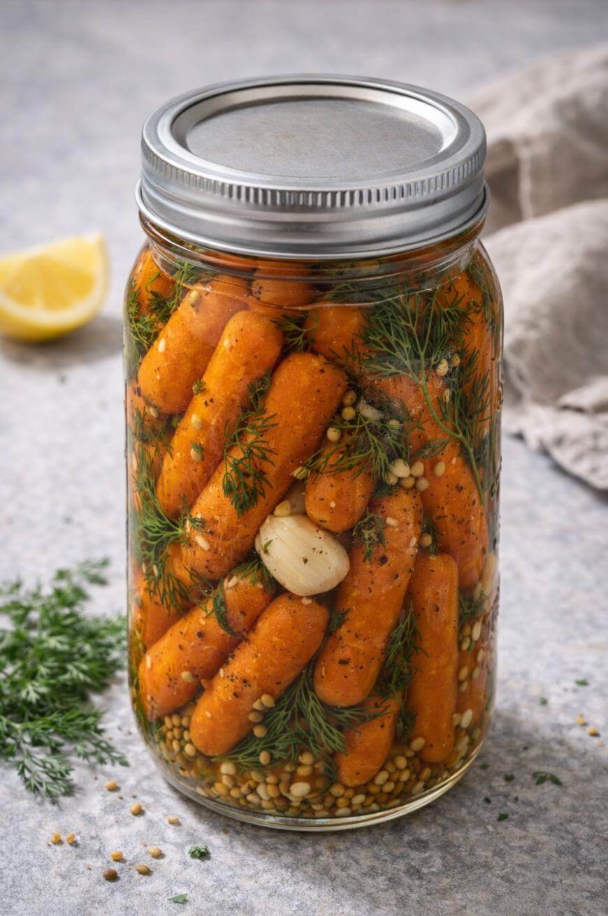 A glass jar filled with pickled baby carrots, fresh dill, garlic cloves, spices, and brine. The jar is sealed with a metal lid and sits on a light gray surface with a lemon wedge and herbs in the background.