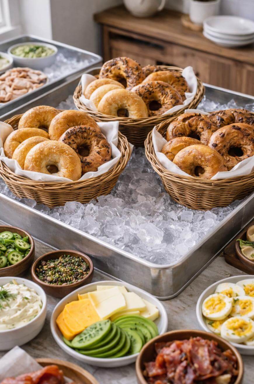 A breakfast spread featuring baskets of bagels on ice, surrounded by bowls of sliced cheese, avocado, fresh vegetables, cream cheese, cooked bacon, deviled eggs, and various bagel toppings.