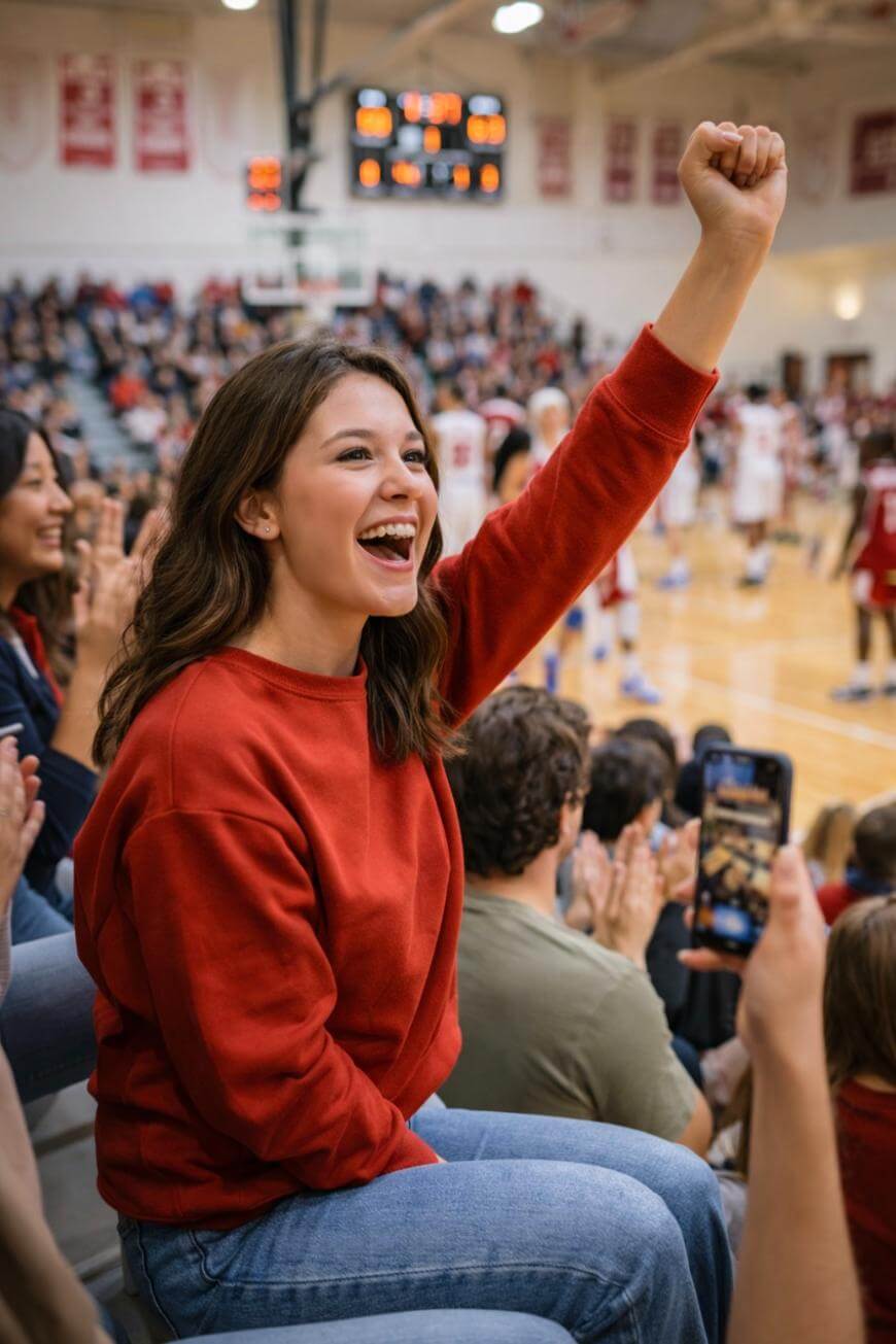 A young woman in a red sweater cheers with her fist raised at a crowded indoor basketball game, smiling brightly while surrounded by other enthusiastic fans in the bleachers.
